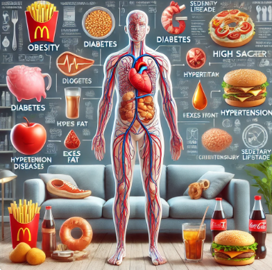 성인병과 관련된 인체 그림에 혈관과 내장 지방, 주변에는 패스트푸드가 있는 그림