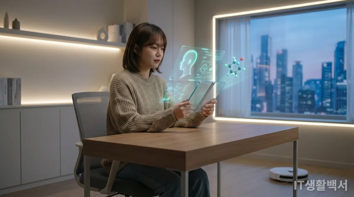 폴더블 태블릿과 AI 기능을 사용하는 한국 학생의 미래적인 모습