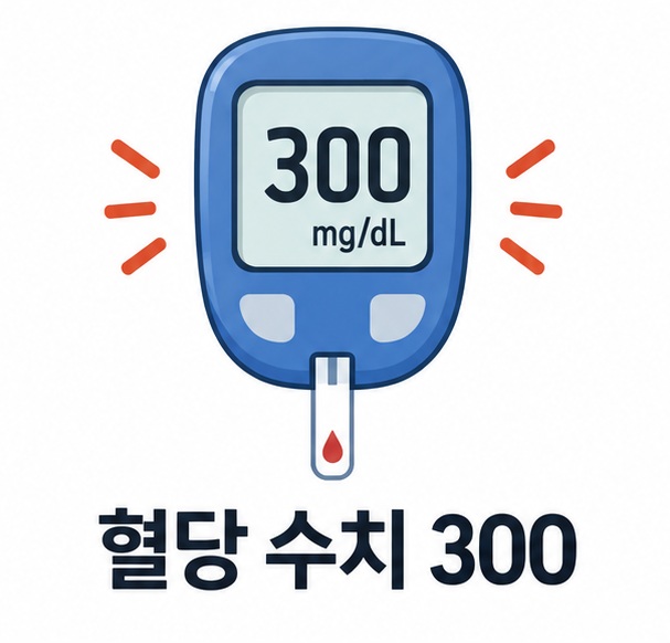 혈당 수치 300과 혈당측정기 화면을 함께 보여주는 고혈당 안내 이미지