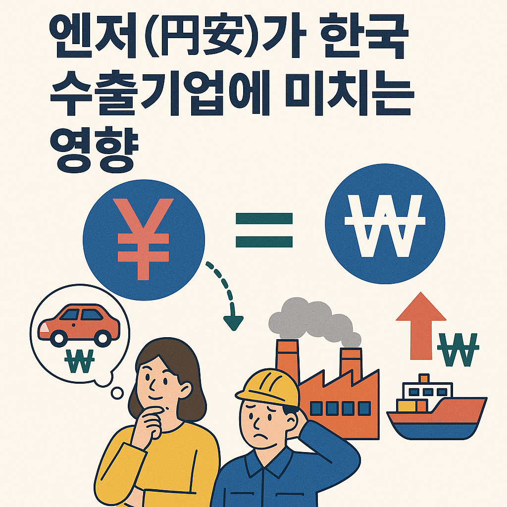 엔저 현상이 한국 수출기업에 미치는 영향을 설명하는 교육용 인포그래픽. 엔화 가치 하락, 한국 수출기업의 고민, 공장 노동자의 걱정, 수출 경쟁력 변화를 단순한 그림과 기호로 표현한 이미지