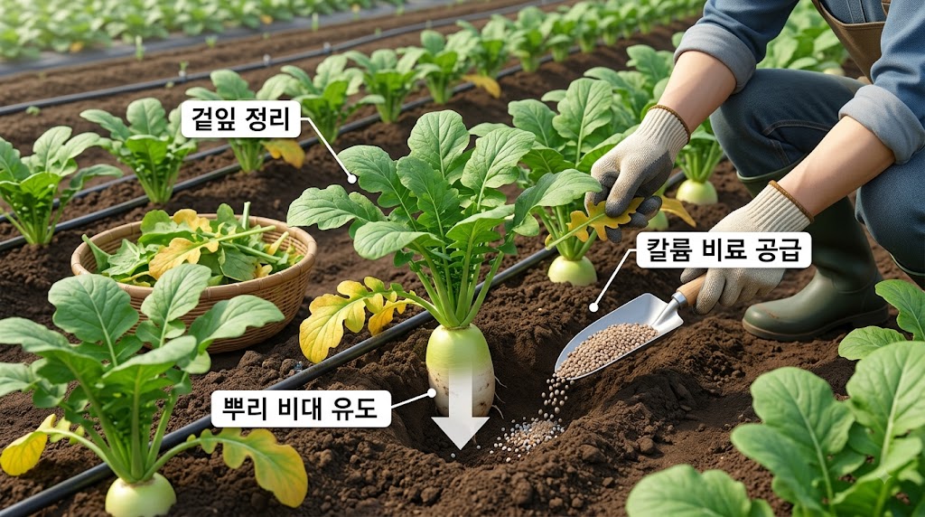 무 밭에서 잎을 정리하고 뿌리 비대를 위해 토양 관리를 진행하는 모습