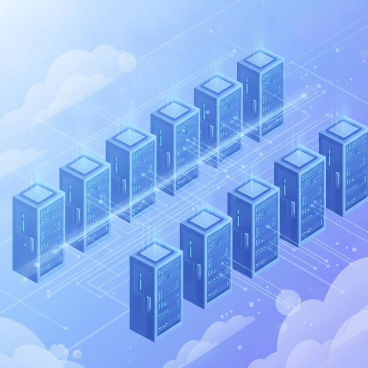 AWS 가상 서버 아키텍처와 데이터 센터의 기술적 구조를 설명하는 차분한 플랫 일러스트