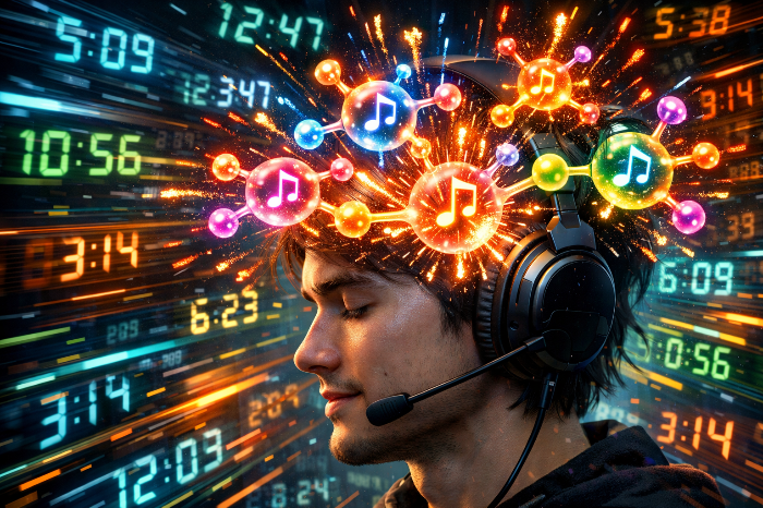 빠른 템포의 스페드 업 음악이 뇌의 도파민 수용체를 자극하는 심리적 기제 시각화.