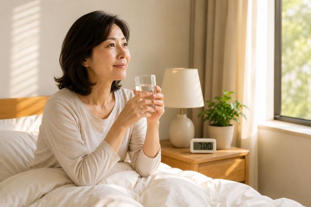 아침에 일어나 미지근한 물 한 잔을 마시는 여성
