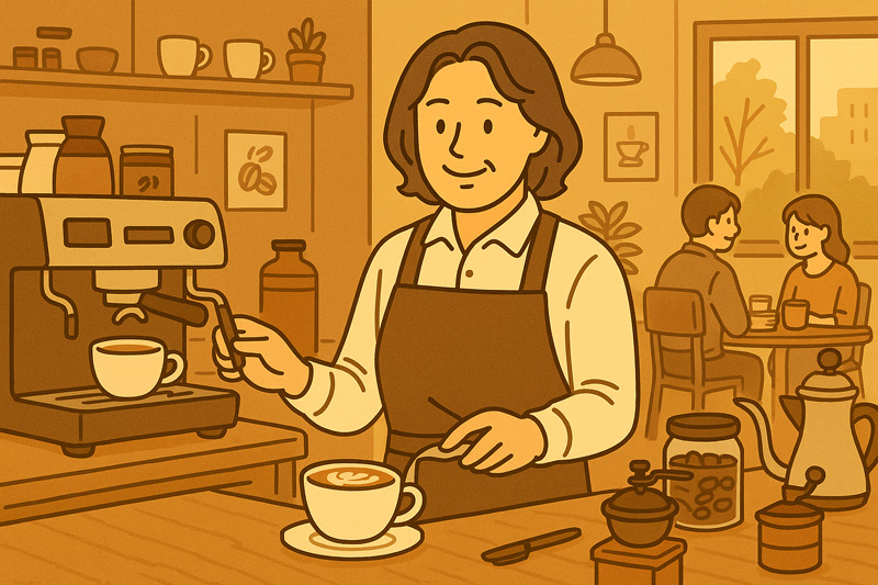 카페에서 커피를 내리고 있는 중년 바리스타의 모습