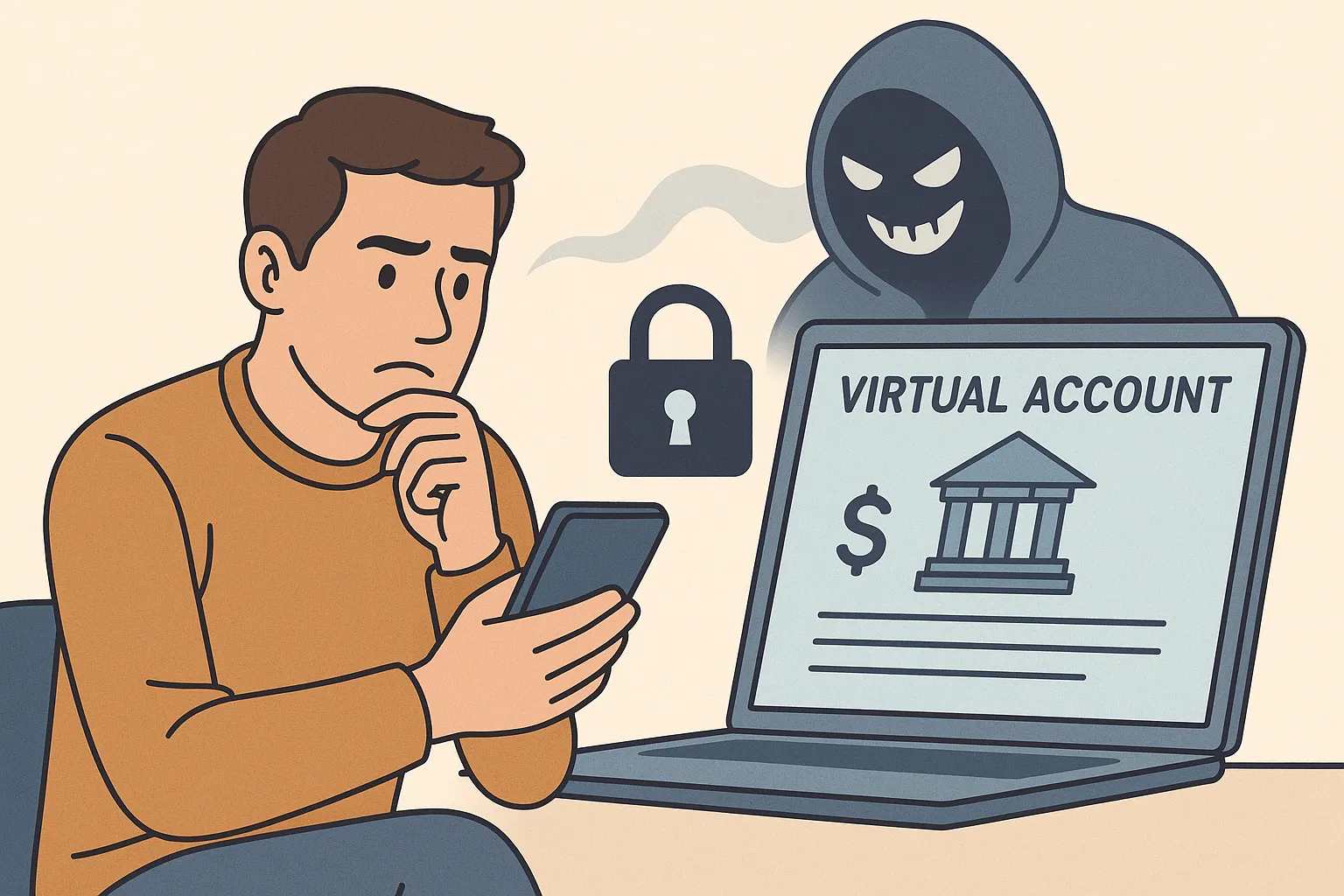 스마트폰으로-가상-계좌를-확인하는-남성이-보안-위협을-상징하는-해커-그림자와-함께-표현되어-온라인-사기-위험을-경고하는-일러스트