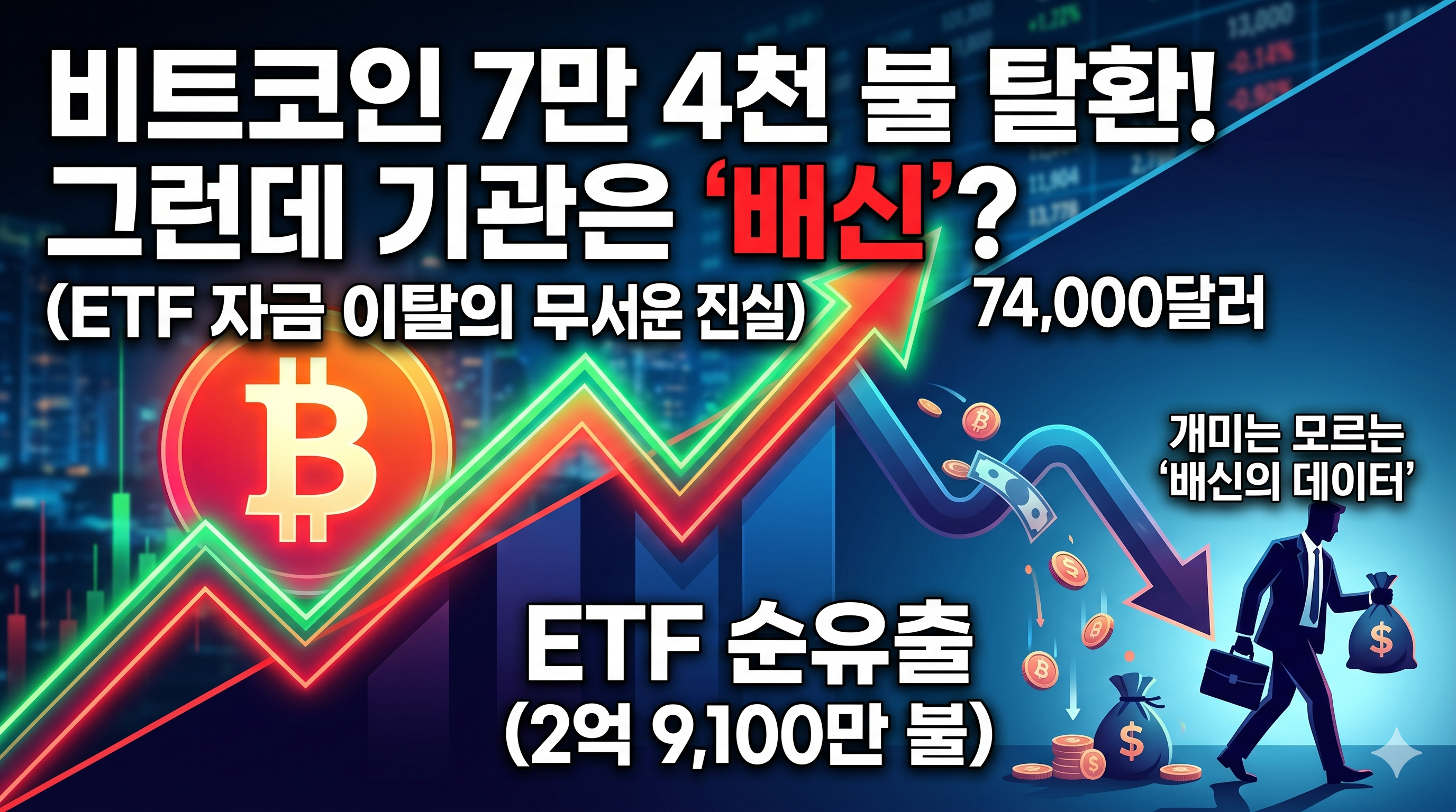 비트코인 74,000달러 돌파 뉴스, 비트코인 현물 ETF 순유출 데이터 분석, 기관 투자자 차익 실현 및 개인 투자자 유입량 감소 정보를 담은 블로그 썸네일 이미지.