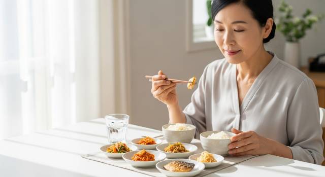 천천히 소식하며 식사하는 55세 한국 여성 이미지