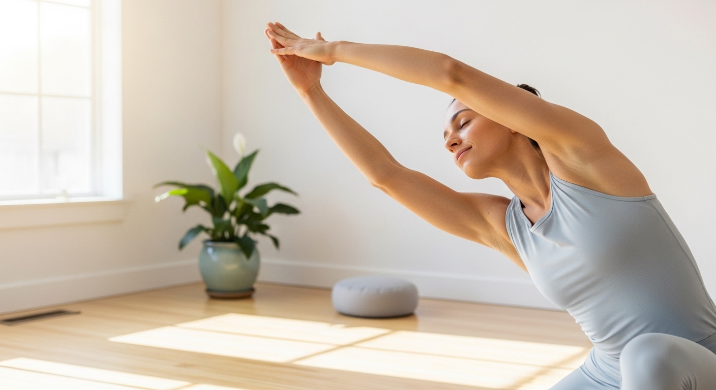 햇살 가득한 방에서 가볍게 스트레칭하는 사람의 모습, 활력 있는 생활 습관을 통한 면역력 증진을 표현.