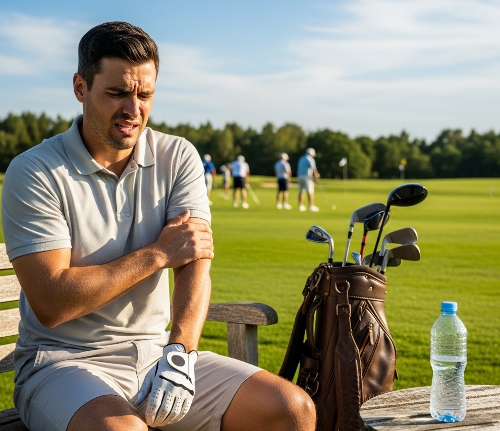 골프를 치고 있는 도중 테니스엘보로 인한 통증이 심해진 남성