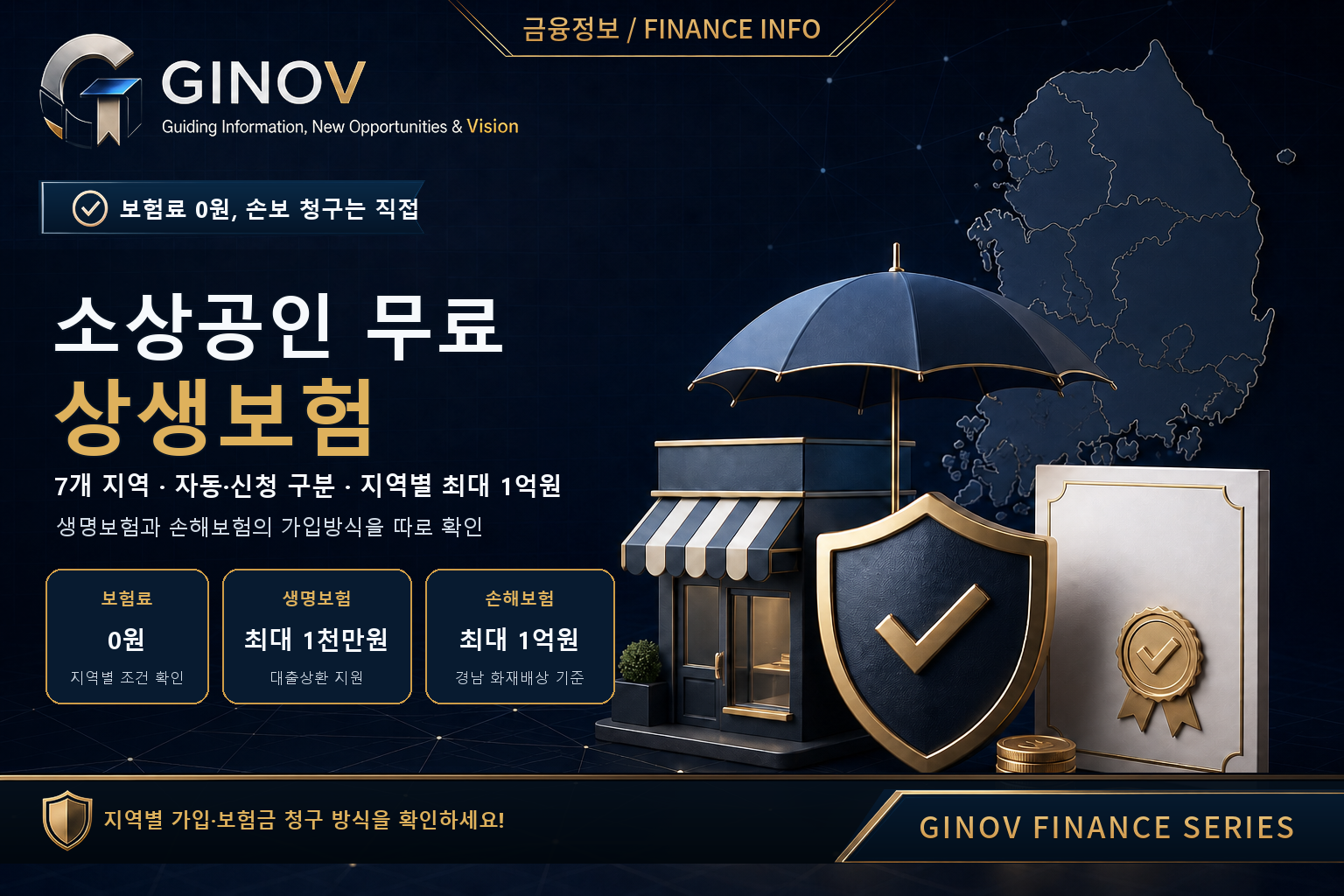 7개 지역 소상공인 무료 상생보험의 자동가입&middot;신청 구분과 최대 보장한도를 보여주는 GINOV 금융정보 대표이미지