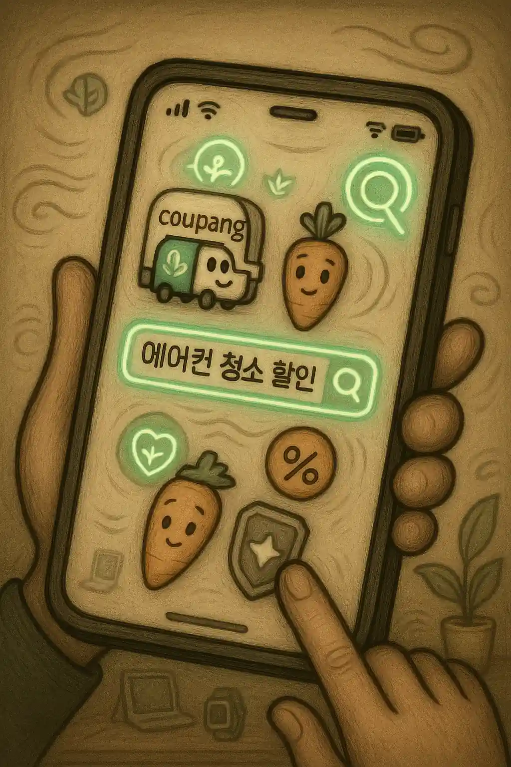 팀 버튼 스타일 스마트폰 화면에 쿠팡 트럭과 당근 캐릭터가 등장하는 할인 검색 감성 일러스트