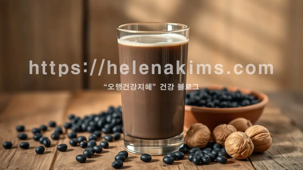 갓 갈아낸 따뜻한 서리태 두유가 세련된 유리잔에 담겨있고, 그 옆에 윤기 나는 검은 서리태콩과 통통한 호두가 나무 테이블에 자연스럽게 놓여 있다.