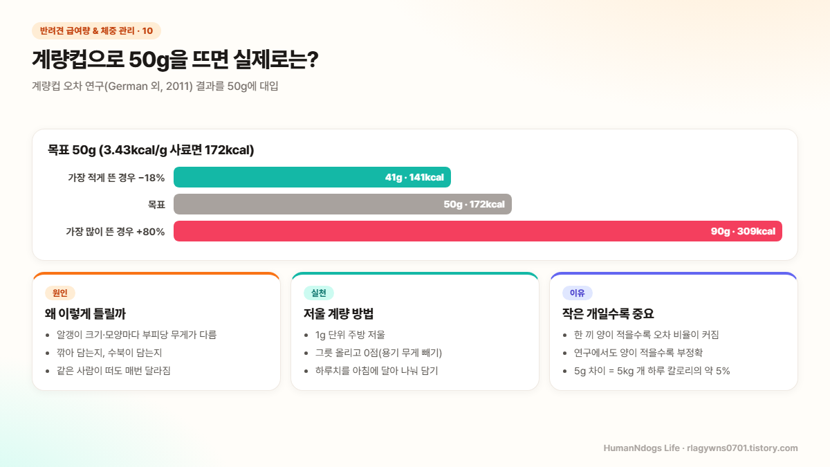 목표 50g을 계량컵으로 렄 때 18% 적게 리면 41g 141kcal, 80% 많게 리면 90g 309kcal이 되는 막대그래프와 오차 원인, 저울 계량 방법