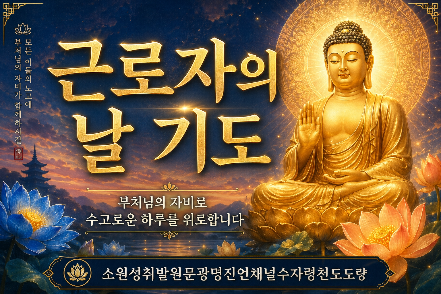 오늘은 근로자의 날입니다.
예로부터 사람들의 부지런한 경제활동이 가정을 지키고, 사회를 유지하며, 문화를 꽃피워 왔습니다.
부처님께서도 이 세상을 살아가는 중생들의 삶을 깊이 헤아리시어, 일하는 이들의 고단함과 보람을 함께 알아주셨습니다.
부처님께서 일하는 이들에게 남기신 말씀
부처님은 팔정도(八正道) 가운데 정명(正命)을 중요하게 말씀하셨습니다.
&ldquo;바르게 일하며 살아가라. 남을 해치지 않고, 정직하게 노력하여 생계를 꾸려라.&rdquo;
일은 단순한 생계 수단이 아니라, 보시(布施)의 한 형태이며, 정진(精進)의 실천입니다.
가족을 먹여 살리는 가장, 하루하루 땀 흘려 일하는 모든 이의 노동은 세상을 지탱하는 큰 공덕입니다.
부처님은 가정의 가장이었던 장자(長者)들과 상인, 농부, 목수들에게도 많은 가르침을 주셨습니다.
특히 유마힐경과 아함경에서는 이렇게 말씀하십니다.
&ldquo;세상의 모든 일은 괴로움과 함께하지만,
그 괴로움을 이겨내며 가족을 돌보고 사회를 세우는 이는
진실로 보살의 길을 걷는 자와 같다.&rdquo;
부처님은 또 정진파라밀을 강조하시며
&ldquo;게으르지 말고 부지런히 노력하라.
작은 노력이라도 쌓이면 큰 열매를 맺는다&rdquo;고 하셨습니다.

#근로자의날 기도문
참회와 용서, 감사와 희망, 업장소멸과 재물복, 가족의 평화를 발원하며

나무석가모니불 나무아미타불 나무관세음보살

부처님, 오늘 저희가 거칠어진 두 손 모아 당신 앞에 엎드리나이다.

살아가기 바쁘다는 핑계로 이웃에게 눈 감고 사랑하는 이에게 차가운 말 내뱉은 날들, 탐진치 삼독 속에 헤맨 날들을 낱낱이 참회하나이다.

다시는 성냄으로 가족의 마음을 베지 않겠나이다. 묵은 업장의 때를 씻어 주시옵소서.

저를 힘들게 했던 그 사람도 저와 같이 괴로운 한 생명이었음을 알게 하시고 원망의 밧줄을 끊어 용서의 연꽃 피우게 하소서.

오늘 눈을 뜬 것, 돌아갈 집이 있는 것, "다녀오세요" 하는 아이의 목소리, "무리하지 마라" 하시는 부모님 전화 한 통.

당연한 것은 하나도 없었나이다. 감사하나이다.

부처님, 특별히 제 곁의 동반자를 위해 기도드리나이다.

새벽같이 일어나 가족의 하루를 여는 아내, 남편이 흘리는 땀을 알기에 자신의 고단함은 삼키고 또 삼키는 사람.

아이의 열에 밤을 지새우고 부모님 안부에 마음 졸이고 살림의 무게를 홀로 짊어지면서도 "당신이 있어 괜찮다"며 웃어주는 그 사람.

부처님, 그 웃음 뒤에 숨긴 외로움을 아시나이까. 그 강인함 뒤에 감춘 눈물을 보고 계시나이까.

아내의 지친 어깨 위에 관세음보살의 손길을 얹어 주시고 한 번도 자신을 위해 쓰지 못한 시간을 채워 주시며 아내의 이름으로도 복덕의 꽃이 피게 하소서.

부부가 서로의 부처가 되어 처음 손 잡던 날의 마음으로 남은 모든 날을 함께 걸어가게 하소서.

겹겹이 쌓인 업장을 광명으로 걷어 주시고 흘리는 땀 한 방울이 업장을 씻는 감로수가, 정직한 하루하루가 공덕을 쌓는 수행이 되게 하소서.

부처님, 재물을 탐함이 아니옵니다. 아이들 꿈이 꺾이지 않기를, 부모님 노후가 궁핍하지 않기를, 아내의 작은 소망도 미루지 않게 되기를 바라는 마음이옵니다.

정명으로 일하는 이 삶에 풍요의 열매 맺게 하시어 가족의 식탁 위에 웃음꽃 피게 하소서.

이 가정이 정토가 되게 하소서. 식탁에 자비가, 거실에 지혜가, 부부의 손 끝에 신뢰가, 아이들의 눈빛에 희망이 늘 머물게 하소서.

아무리 긴 밤도 새벽이 오듯 오늘의 땀은 내일의 꽃이 되리니 저희는 오늘도 일어서겠나이다. 나란히, 함께, 부처님의 광명을 등에 지고 한 걸음 한 걸음 걸어가겠나이다.

이 기도의 공덕을 묵묵히 땀 흘리는 모든 근로자와 그 곁을 지키는 모든 동반자에게 회향하나이다.

일체 업장이 소멸하고 재물과 건강과 지혜의 복 충만하며 모든 소원 원만히 성취되기를 지극정성 발원하나이다.

나무석가모니불 나무아미타불 나무관세음보살 나무지장보살


# 근로자를 위한 부처님 기도문

*참회와 용서, 감사와 희망, 업장소멸과 재물복, 가족의 평화를 간절히 발원하며*

---

나무석가모니불
나무아미타불
나무관세음보살

---

부처님,
한량없는 자비의 빛으로
이 세상을 비추시는
거룩하신 스승이시여.

오늘 저희가
갈라지고 거칠어진
두 손을 모아
당신 앞에 엎드리나이다.

이 손은
가족을 먹이려
새벽부터 움직인 손이요,
이 무릎은
세상의 무게를 견디다
휘어진 무릎이옵니다.

부디 이 미천한 기도를
들어주시옵소서.

---

부처님,
먼저 저희의 허물을
낱낱이 참회하나이다.

살아가기 바쁘다는 핑계로
이웃의 아픔에
눈을 감은 날이 있었나이다.

피곤하다는 이유로
사랑하는 가족에게
차가운 말을 내뱉은
밤이 있었나이다.

조급한 마음에
남의 것을 부러워하고
내 것을 원망하며
탐진치 삼독의 불길 속에서
헤맨 날들이 있었나이다.

돌이켜보면
가장 가까운 사람에게
가장 깊은 상처를 주고,
가장 소중한 것을
가장 늦게 알아본
어리석은 중생이옵니다.

무시이래로
몸과 입과 뜻으로 지은
한량없는 죄업을
지금 이 자리에서
지극한 마음으로
참회하나이다.

다시는 성냄으로
가족의 마음을 베지 않겠나이다.
다시는 탐욕으로
이웃의 몫을 빼앗지 않겠나이다.
다시는 어리석음으로
은혜를 잊지 않겠나이다.

부디 저희의 참회를 받아주시고
묵은 업장의 때를
씻어 주시옵소서.

---

부처님,
참회와 함께
용서를 배우게 하소서.

저를 힘들게 했던 사람,
부당하게 대했던 상사와 동료,
약속을 저버린 사람,
상처 주고 떠나간 사람,

그 모든 이들도
저와 같이
괴로움 속에서 허덕이는
한 생명이었음을
알게 하소서.

미움을 놓을 때 비로소
내 마음의 감옥이 열린다
하셨으니,

원망의 밧줄을 끊고
용서의 연꽃을 피울 수 있는
넓고 깊은 마음을
허락하여 주소서.

미워했던 이를 위해
기도합니다.
그이에게도
평안이 깃들기를 빕니다.
그리하여 저도
자유로워지기를 빕니다.

---

부처님,
참회와 용서의
눈물을 닦고 나니
비로소 보이는 것들이
있사옵니다.

오늘 아침
눈을 뜰 수 있었다는 것,
두 발로 일터까지
걸어갈 수 있었다는 것,
돌아갈 집이 있고
기다리는 가족이 있다는 것,
하루의 노동 뒤에
따뜻한 밥 한 그릇을
나눌 수 있다는 것.

당연한 것은
하나도 없었나이다.

자녀가
"다녀오세요" 하며
흔드는 작은 손,

배우자가 새벽에
챙겨놓은 도시락 한 쪽,

연로하신 부모님의
"무리하지 마라" 하시는
전화 한 통,

동료가 건네는
"수고했어" 한마디.

이 모든 것이
부처님께서 보내주신
자비의 현현이었음을
이제야 깨달으며
감사드리나이다.

숨 쉴 수 있음에 감사하나이다.
일할 수 있음에 감사하나이다.
사랑할 사람이 있음에
감사하나이다.
오늘 하루가 주어졌음에
감사하나이다.

---

부처님,
저희 위에 겹겹이 쌓인
업장의 구름을
광명의 바람으로
걷어 주시옵소서.

전생에 지은 죄업이
이 생에
가난과 질병과 불화로
나타난 것이라면,

지금 이 순간의
참회와 발원과 정진으로
그 무거운 사슬을
하나씩 녹여 주시옵소서.

탐욕의 업장이 소멸하여
족함을 알게 하시고,
진에의 업장이 소멸하여
온화한 사람이 되게 하시고,
어리석음의 업장이 소멸하여
지혜의 눈을 뜨게 하소서.

저희가 흘리는
땀 한 방울 한 방울이
업장을 씻는 감로수가 되게 하시고,
정직하게 일한 하루하루가
공덕의 탑을 쌓는
수행이 되게 하소서.

소멸하지 못할 업장은
없다 하셨으니,
저희에게
끈기와 믿음을 주시어
마침내 업의 그늘에서 벗어나
밝은 빛 아래
서게 하여 주소서.

---

부처님,
부끄럽지만
간절한 이 마음을
아뢰나이다.

손에 물집이 잡히도록
일해도
아이들 학비 앞에서
한숨이 나오고,

늙은 부모님 병원비 앞에서
고개가 숙여지고,

월말 고지서 앞에서
가슴이 먹먹해지는
이 서러움을
당신은 아시나이다.

재물을 탐하는 것이
아니옵니다.
사랑하는 이들의
밥그릇이 비지 않기를,
아이들의 꿈이
돈 때문에 꺾이지 않기를,
부모님의 노후가
궁핍하지 않기를
바라는 마음이옵니다.

보시의 마음으로
나누었던 작은 정성이
천 배 만 배의 복덕으로
돌아오게 하소서.

정명으로 일하는 이 삶에
경제적 여유를 더하여 주시고,
들어오는 재물은
맑은 물처럼 깨끗하게,
나가는 재물은
보시의 공덕이 되게 하시며,
넉넉함 속에서도
겸손을 잃지 않게 하소서.

남을 해치지 않고
정직하게 벌어들인 것이니
부디 풍요의 열매를
맺게 하시어
가족의 식탁 위에
웃음꽃이 피게 하소서.

---

부처님,
저희 가정에
화목의 감로를
내려주소서.

새벽에 나가
밤늦게 돌아오는 동안
서로의 빈자리가
서운함이 되지 않게 하시고,

피로에 지쳐
말이 짧아질 때
"사랑한다"는 말을
잊지 않게 하소서.

아이들에게는
부모의 땀방울이
얼마나 거룩한 것인지
마음으로 느끼게 하시고,

부모에게는
아이들의 작은 성장
하나하나가
세상 무엇과도
바꿀 수 없는 보물임을
매일 새롭게
깨닫게 하소서.

연로하신 어버이께는
건강과 평안을 내려주시고,
자식의 효도를 받으시는
기쁨을 누리게 하소서.

부부 사이에는
처음 손을 잡았던
그날의 설렘을
기억하게 하시고,
서로의 고단함을 안아주는
따뜻한 포옹을
허락하소서.

이 가정이
부처님의 정토가 되게 하소서.
식탁 위에 자비가,
거실에 지혜가,
침실에 평안이
언제나 머물게 하소서.

---

부처님,
마지막으로
희망을 발원하나이다.

아무리 긴 밤도
새벽이 오고,
아무리 깊은 겨울도
봄이 오듯이,

지금 이 고단한 시간도
반드시 지나가리라는
흔들리지 않는 믿음을
주소서.

오늘의 땀이
내일의 꽃이 되고,
오늘의 눈물이
내일의 강이 되어
저희의 자녀와
자녀의 자녀까지
넉넉하고 평온한 삶을
누리게 될 것임을
가슴 깊이 믿게 하소서.

지쳐 쓰러지고 싶은
순간에도
한 발 더 내딛는
용기를 주시고,
그 한 발이
결코 헛되지 않았음을
먼 훗날 환히 웃으며
돌아볼 수 있게 하소서.

저희는
오늘도 일어서겠나이다.
부처님의 광명을 등에 지고
한 걸음 한 걸음
걸어가겠나이다.

---

이 기도의 공덕을
저 혼자만 받지 않겠나이다.

같은 시간,
같은 하늘 아래서
묵묵히 땀 흘리는
모든 근로자들,

새벽 시장에서
좌판을 펴는 어머니,
높은 곳에서
철골을 잇는 아버지,
밤새 환자를 돌보는 간호사,
교실에서 아이들을 가르치는 선생님,
보이지 않는 곳에서
세상을 지탱하는
이름 없는 모든 노동자에게
이 공덕을
고루고루 회향하나이다.

모든 중생이
괴로움에서 벗어나기를,
모든 가정이
평화롭기를,
모든 노동이
존귀하게 대우받기를,
모든 땀방울이
복덕의 씨앗이 되기를.

이 기도가
부처님의 한량없는 광명에 닿아
일체 업장이 소멸하고
재물과 건강과 지혜의 복이
충만하며
가정마다 웃음이 가득하고
모든 근로자의 소원이
원만히 성취되기를
한없이 간절하고
지극정성으로 발원하나이다.

---

나무석가모니불
나무아미타불
나무관세음보살
나무지장보살

나무석가모니불
나무아미타불
나무관세음보살
나무지장보살

나무석가모니불
나무아미타불
나무관세음보살
나무지장보살

---

*원만성취 하옵소서.*