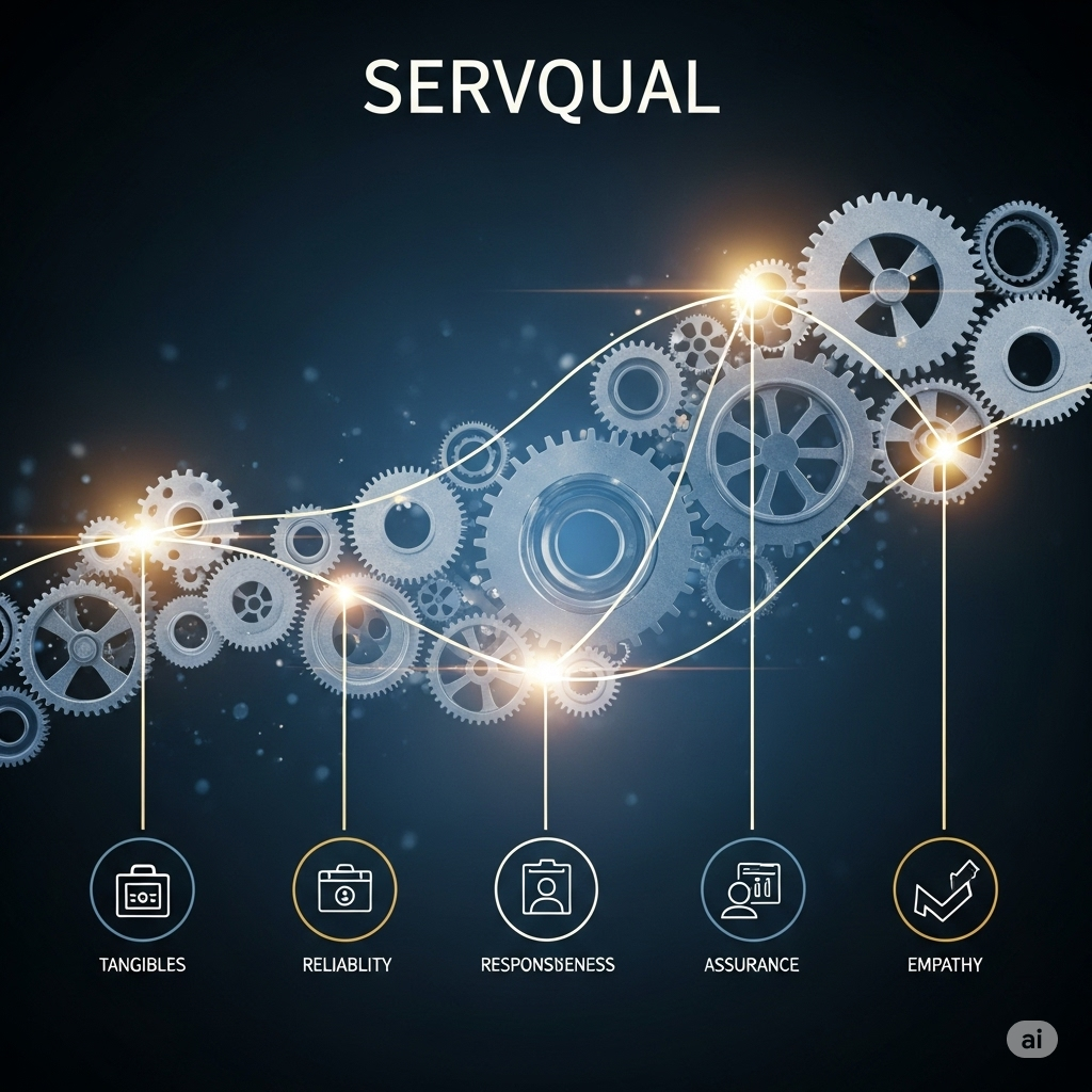 톱니바퀴가 연결되어 흐르는 네트워크의 원활한 서비스 제공과 고객 만족을 상징하는 SERVQUAL 모델의 5가지 차원을 나타내는 아이콘들이 통합되어 있습니다.
