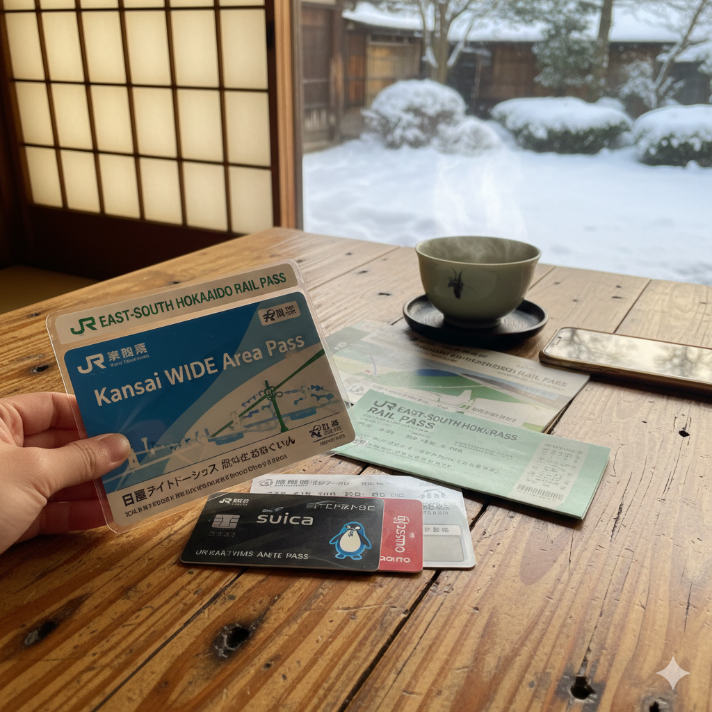 창밖으로 눈 덮인 일본식 정원이 보이는 실내 나무 테이블 위에, 한 손이 일본의 다양한 교통 패스 카드를 들고 있는 모습이에요. 테이블 위에는 JR East-South Hokkaido Rail Pass, Kansai WIDE Area Pass, Suica 카드 등이 놓여 있고, 그 옆에는 김이 나는 따뜻한 차가 담긴 찻잔과 휴대폰이 보여요.