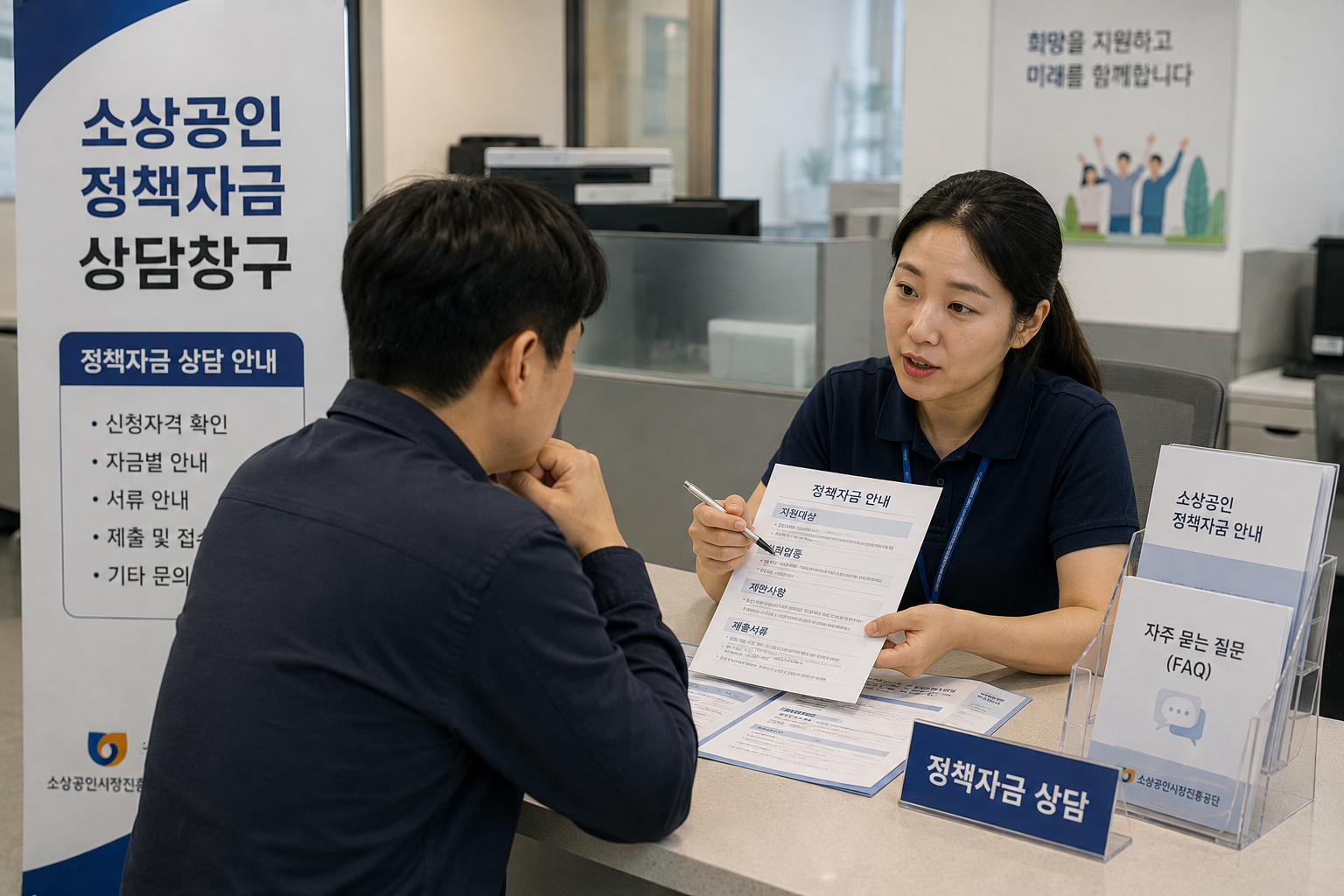 소상공인이 정책자금 부결 후 상담창구에서 거절 사유와 재신청 조건을 확인하는 모습
