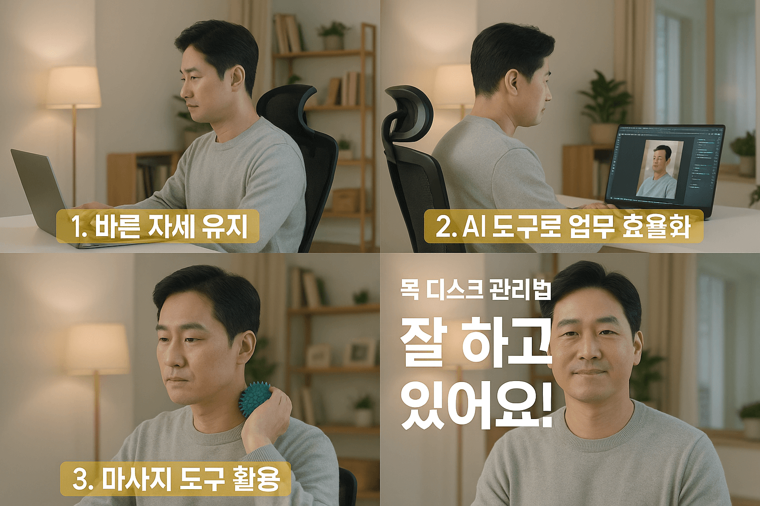 목 디스크 관리법 인포그래픽 4컷(바른 자세 유지·AI 도구로 업무 효율화·마사지 도구 활용·“잘 하고 있어요!” 메시지)