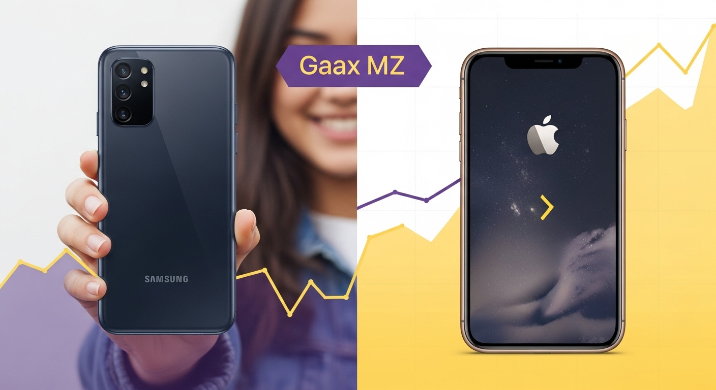 삼성 갤럭시 스마트폰과 애플 아이폰이 나란히 놓여있고, MZ세대의 브랜드 선호도 변화를 나타내는 그래프가 배경에 흐릿하게 보이는 이미지. 갤럭시의 이미지 반등을 시사합니다.