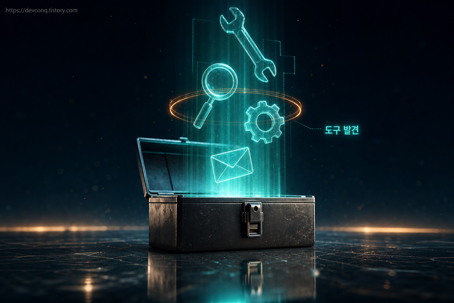 열린 공구함에서 떠오른 도구들을 빛줄기가 스캔하는 도구 발견 개념 이미지