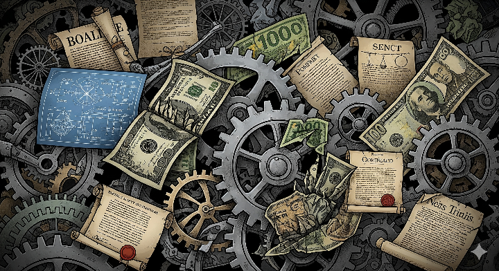 톱니바퀴와 화폐, 서류가 복잡하게 얽힌 모습