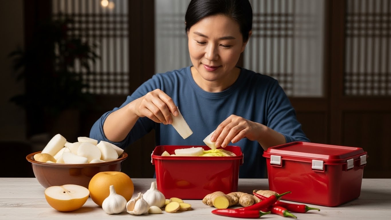 한국-가정-요리사가-김치통에-무젓-조각을-넣고-배,-마늘,-생강,-고추를-넣습니다.