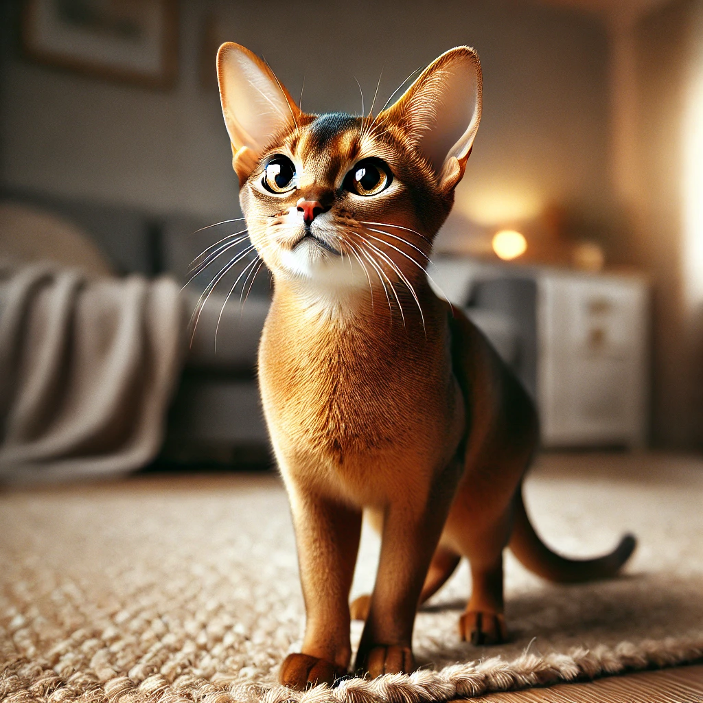 짧고 갈색빛의 윤기 나는 털을 가진 아비시니안 고양이가 실내 러그 위에 서서 위를 바라보는 모습.