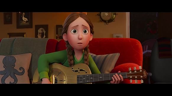 거실에서 기타를 들고 진지한 표정의 소녀 캐릭터