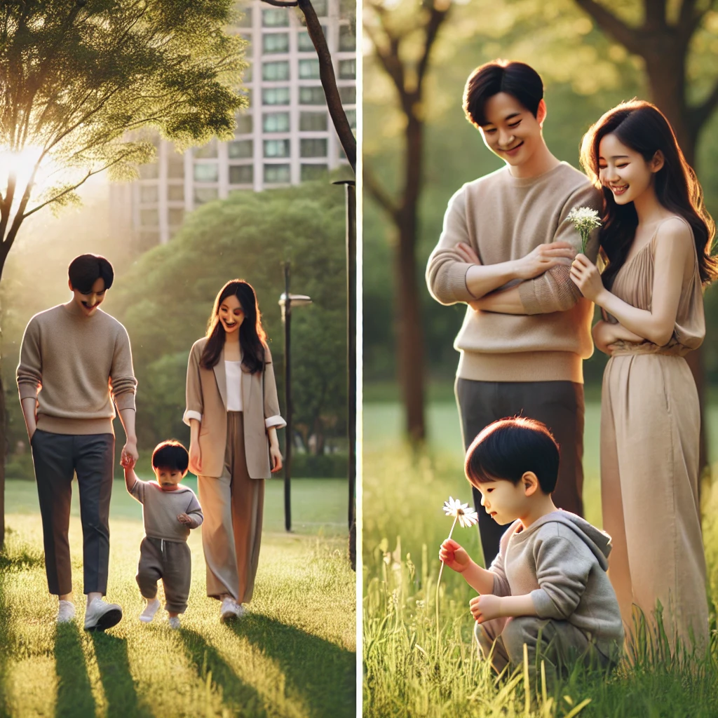 가족이 공원을 걷는 도중 아이가 꽃을 감탄하며 바라보는 모습. 부모는 아이 곁에 서서 감사함을 느끼는 이 순간을 응원함. 햇빛과 자연이 평화로운 분위기를 더함.