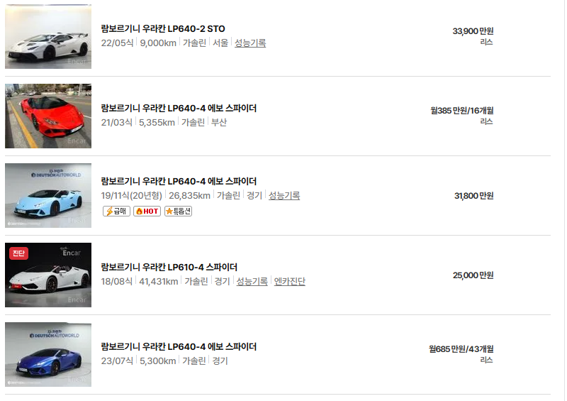 람보르기니 우라칸 중고차 가격 시세표 연비