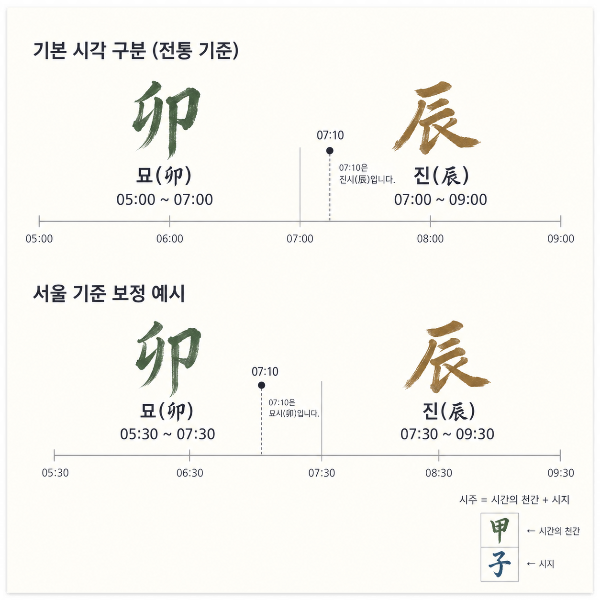 묘시와 진시의 경계를 중심으로 전통 시간 구분과 서울 기준 시간 보정 예시의 차이를 보여주는 구성