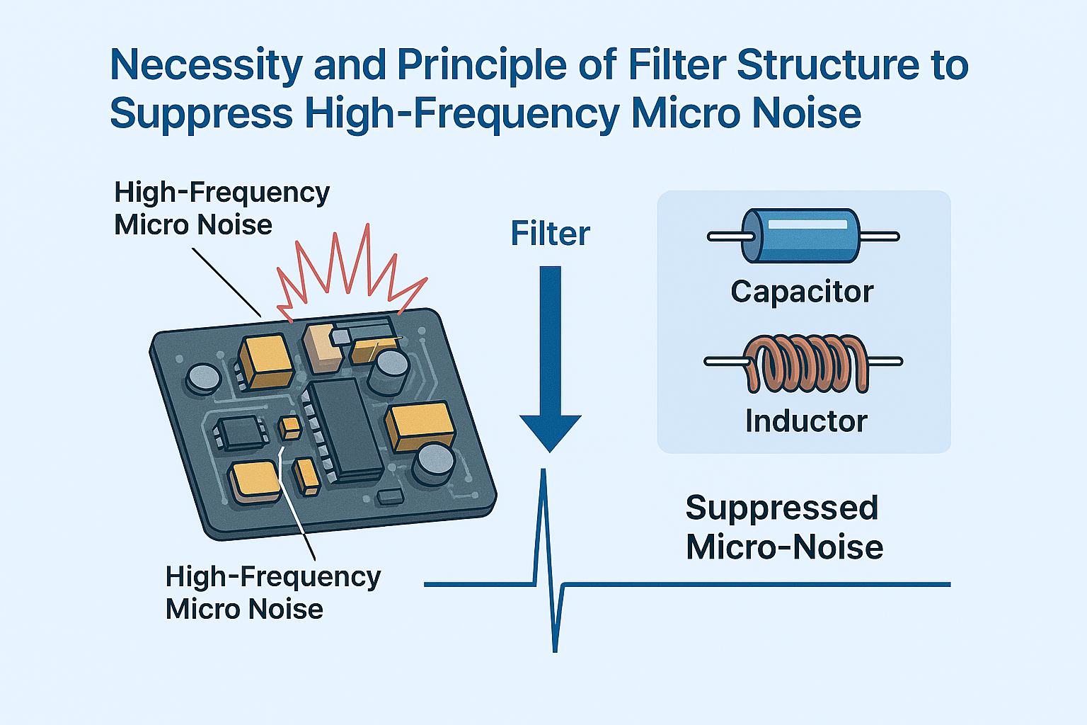 회로 기판과 부품들: 콘덴서, 인덕터 등 필터 구성 요소가 명확하게 표현되어 있습니다.
붉은색 톱니형 파형: 고주파 미시소음이 발생하는 장면을 시각적으로 강조합니다.
필터 구조: 콘덴서와 인덕터가 함께 배치되어 있으며, 이들이 소음을 억제하는 핵심 장치임을 보여줍니다.
파란색 평탄한 파형: 필터를 통과한 후 안정화된 신호를 나타내며, 구조적·음향적 안정성을 시각적으로 표현합니다.
