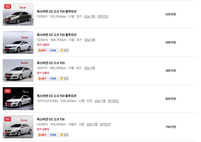 폭스바겐 CC 중고차 가격 시세표 연비