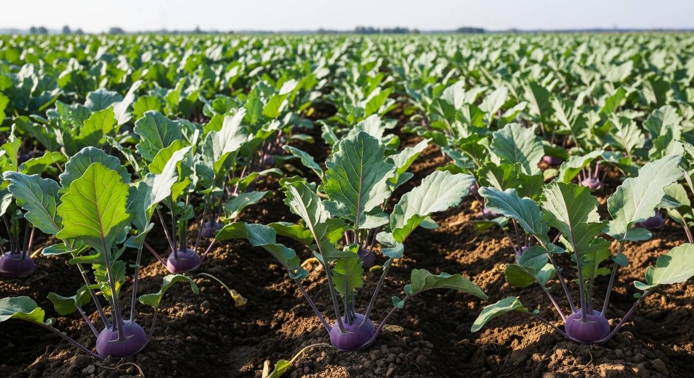 밭에서 자라는 보라색 콜라비 재배 모습