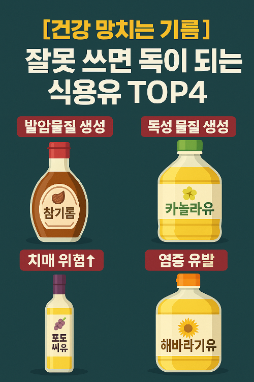 식용유위험성, 기름절대사용법, 벤조피렌, 알데히드, 트랜스지방, 포도씨유문제, 카놀라유부작용, 해바라기유염증, 참기름조리법, 고온조리위험, 치매예방식단, 건강한기름추천, 조리유선택, 오메가6주의, 식탁건강, 항염식단, 기름산패, 기름보관방법, 부엌정보, 식품안전