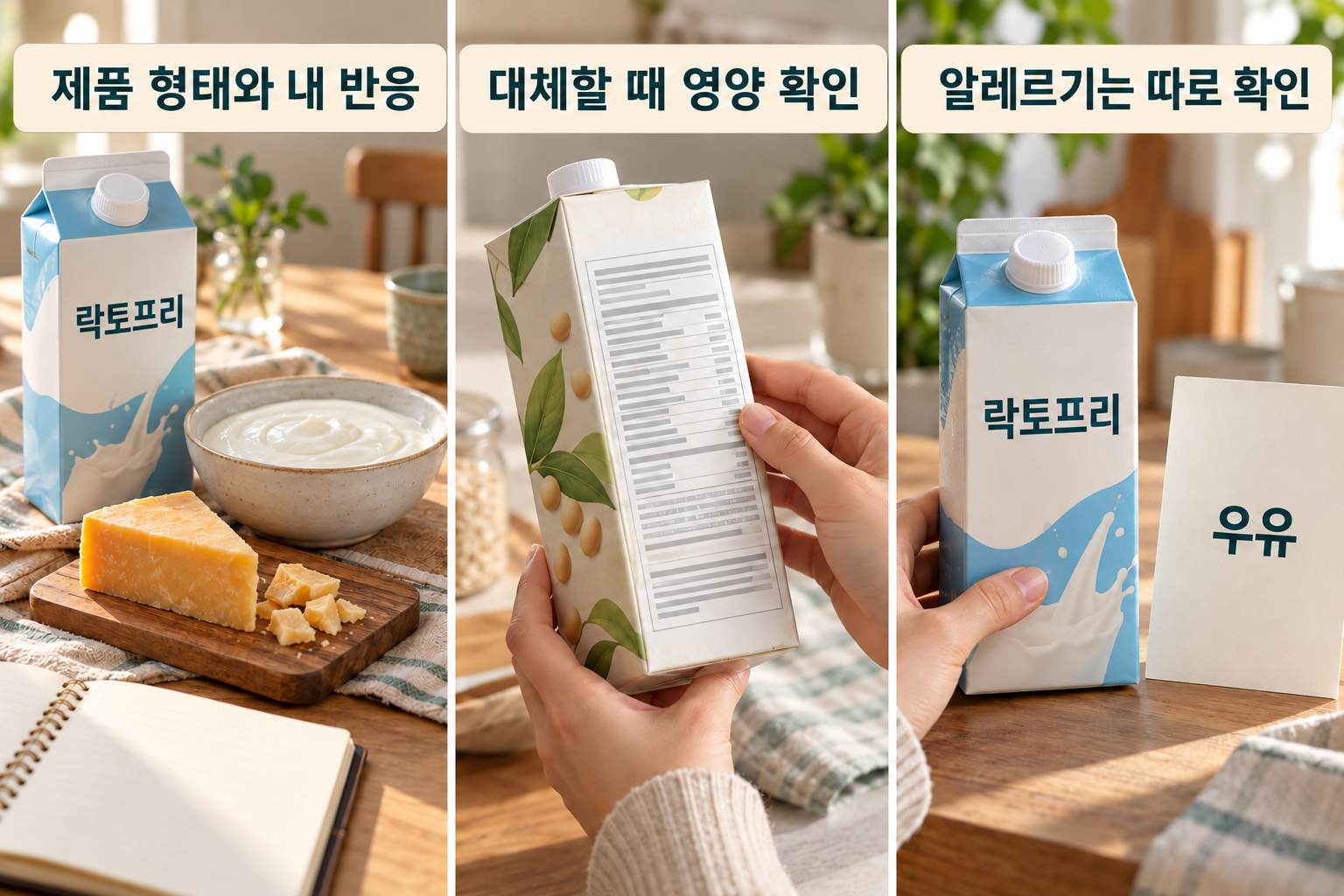 유제품과 대체 음료, 포장 확인과 식사 기록을 함께 정리한 모습
