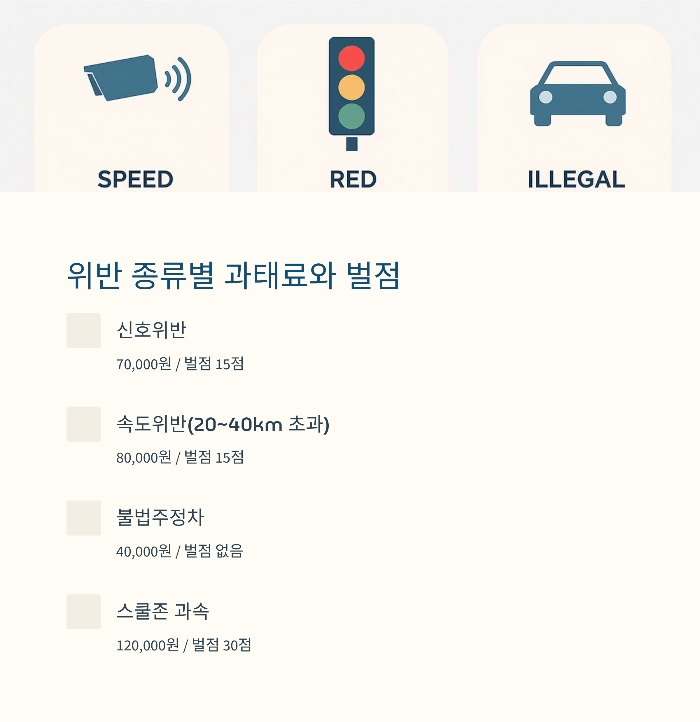 위반 종류별 과태료와 벌점 비교