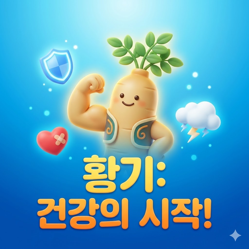 힘찬 표정으로 팔근육을 자랑하는 귀여운 황기 캐릭터가 면역력과 건강 효능을 상징하는 보호막과 하트 주위에서 빛나고 있으며, '황기: 건강의 시작!'이라는 문구가 적혀있습니다.