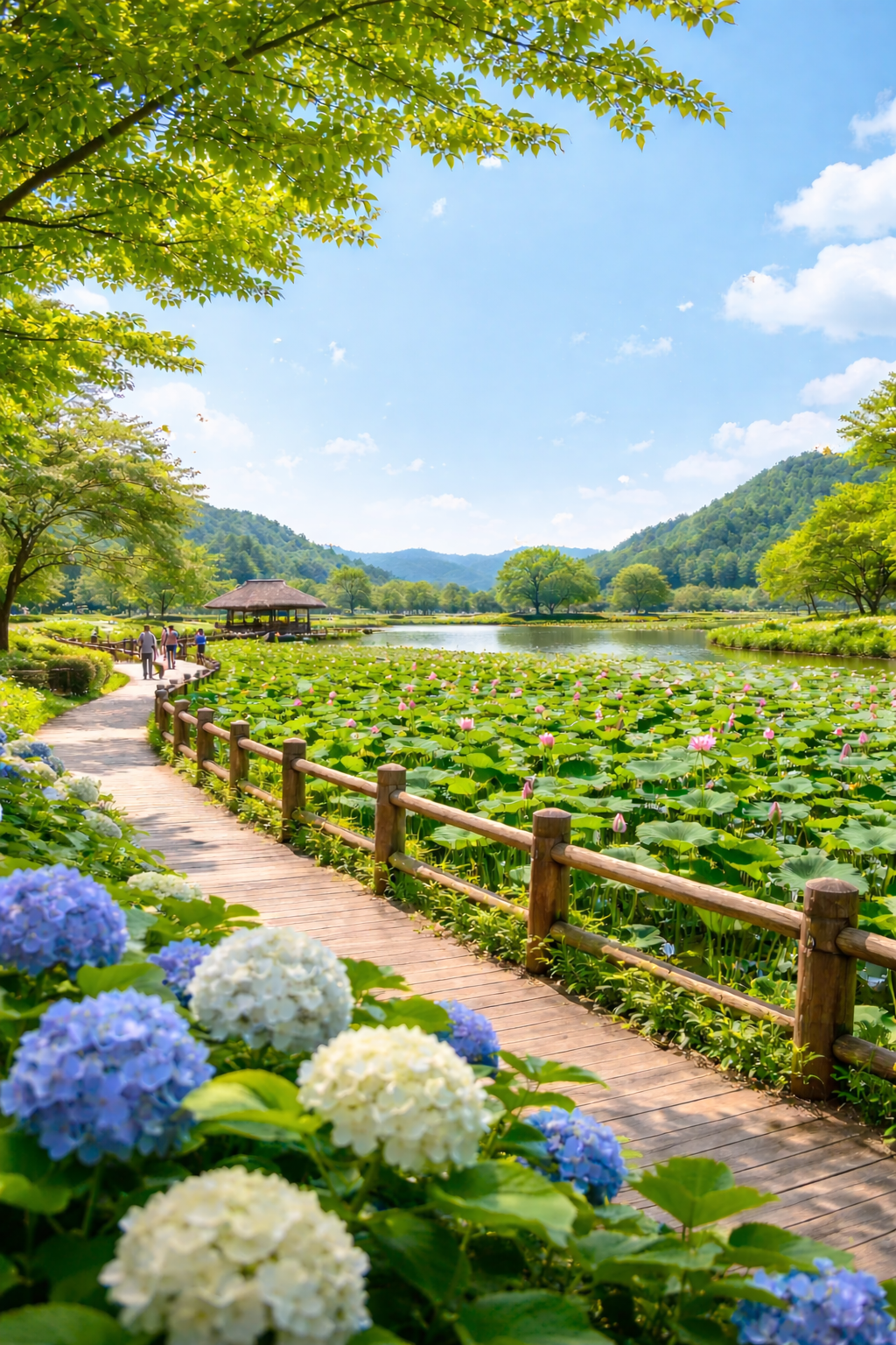 6월 초여름 연꽃이 핀 호수와 나무 데크 산책로가 어우러진 한적한 국내 여행 풍경
