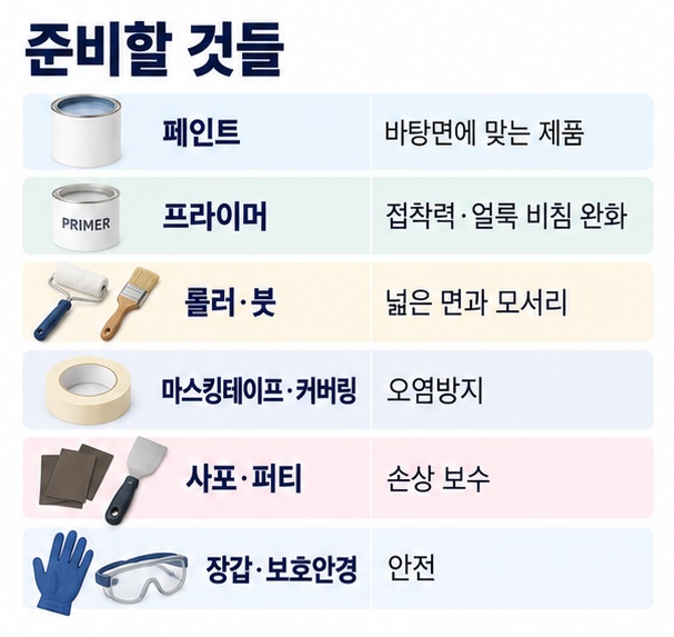 페인트 프라이머 롤러 붓 마스킹테이프 사포 퍼티 보호장비의 역할을 정리한 준비물 표