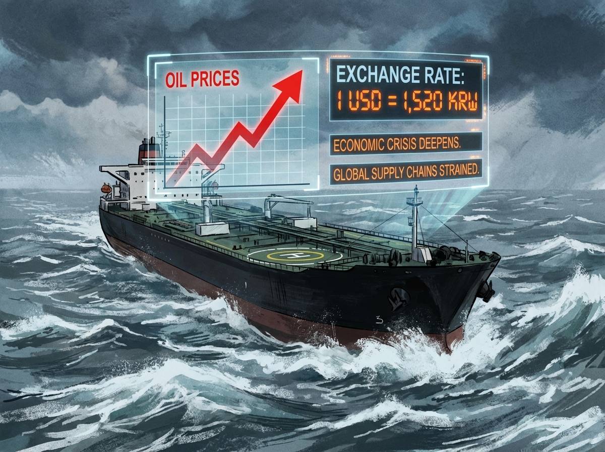 거대한 유조선이 거친 파도를 뚫고 항해하는 모습, 배경에 치솟는 유가 그래프와 1,500원대 환율 전광판이 겹쳐 보이는 긴박한 경제 위기 상황