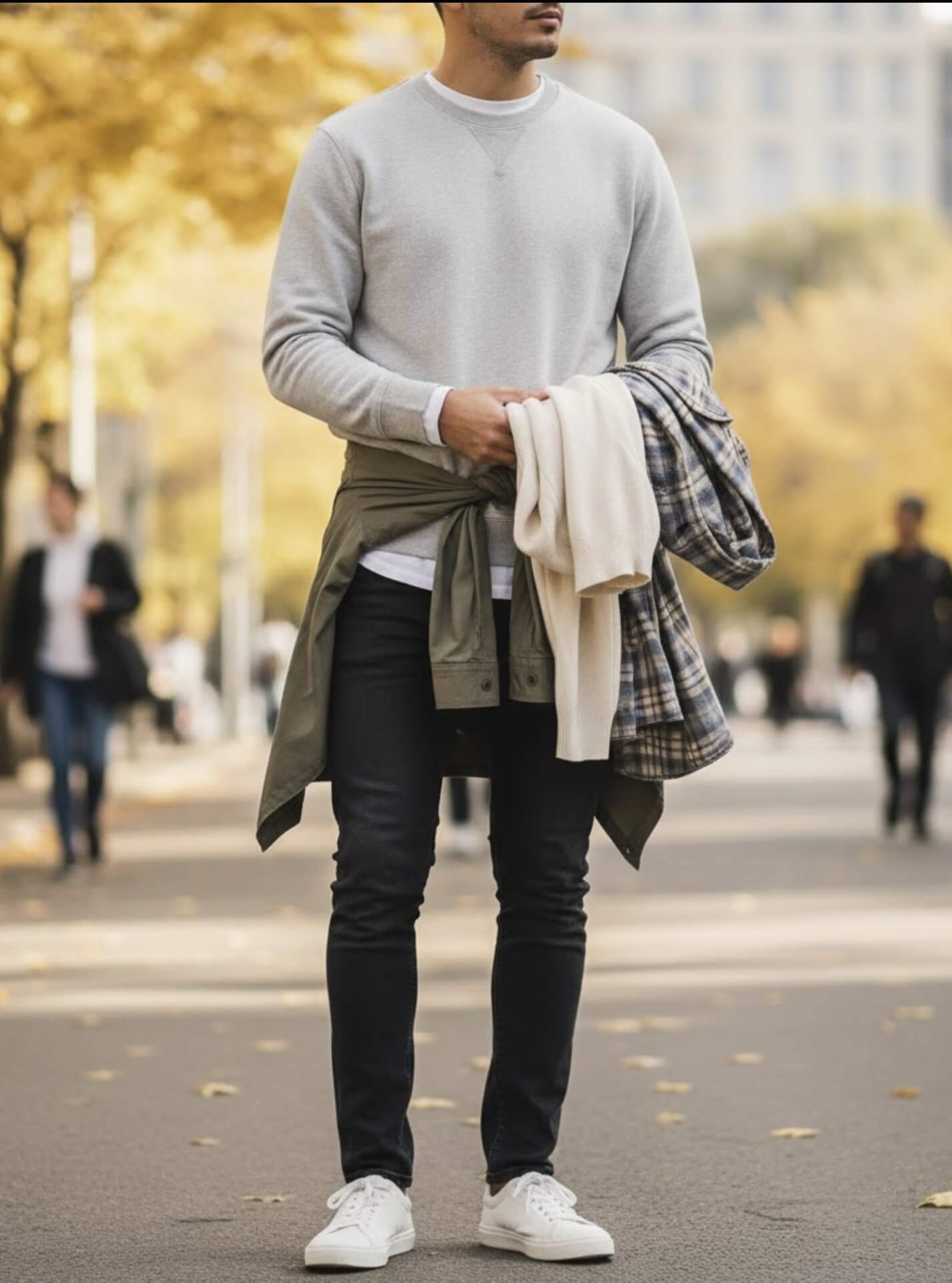 회색 맨투맨 티셔츠와 검은색 청바지를 입고 허리에 얇은 카키색 재킷을 묶은 남성. 손에는 밝은색 얇은 가디건을 들고 있으며, 노란색 단풍이 있는 가을 길거리에 서 있는 모습