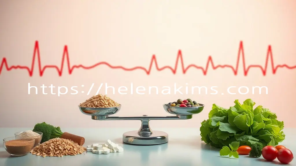 혈당 조절과 안정감을 표현하는 부드럽고 차분한 분위기의 저울 위에 정교하게 균형을 이루는 크롬, 마그네슘, 풍부한 식이섬유 식품들(통곡물, 콩류, 녹색 채소)이 은은하게 빛나는 모습.