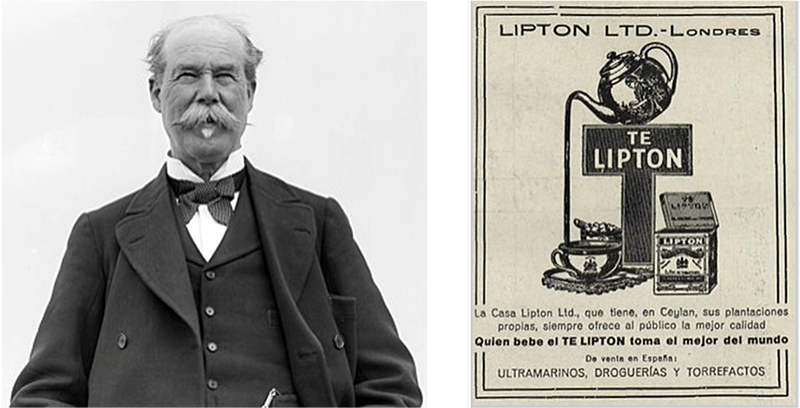 토마스 립톤 경의 생전 사진 및 초기 립톤 광고, 위키디피아 참조