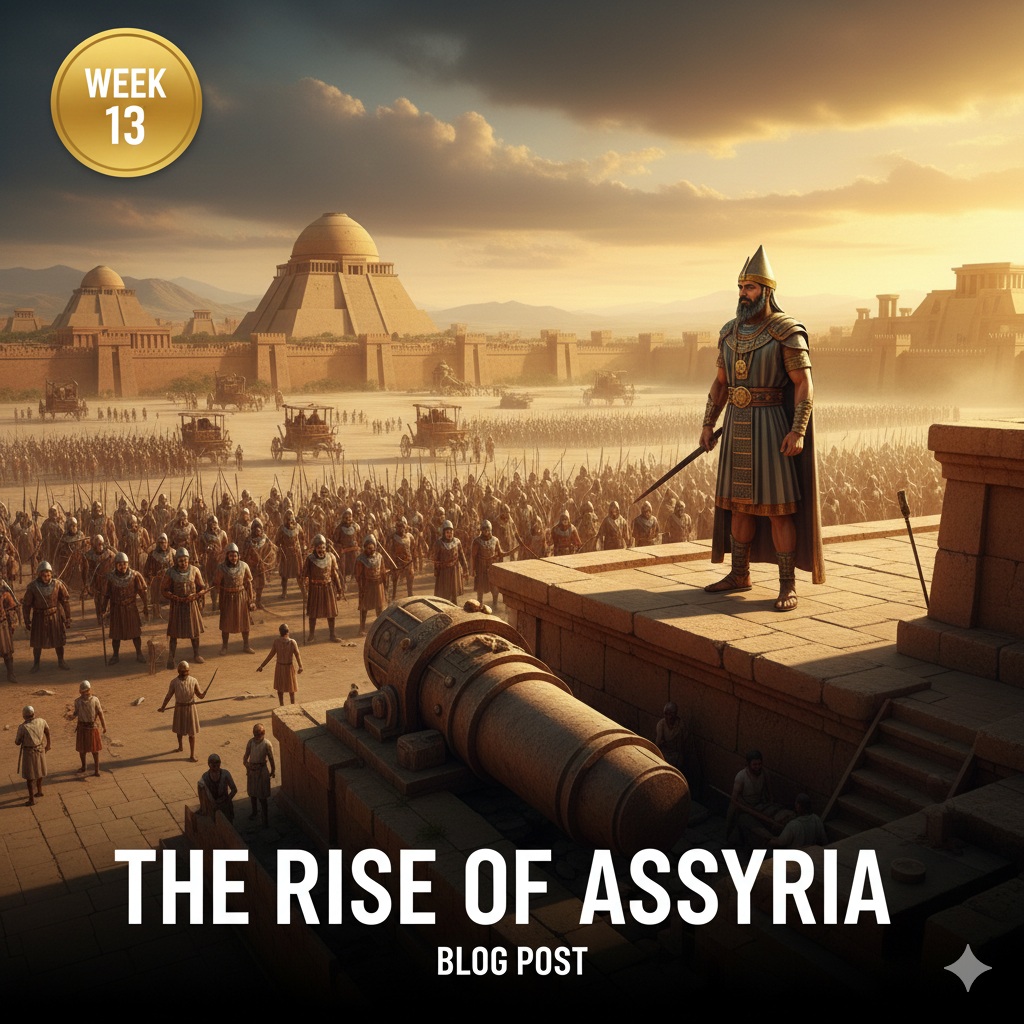 Thumbnail for Week 13 of the World History Series, showing the powerful Assyrian army, chariots, and a king overseeing the military force under a golden sunset.