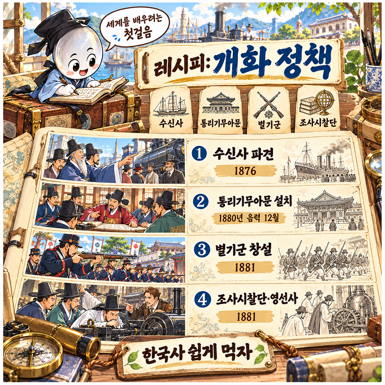 개화 정책을 레시피 형식으로 요약한 인포그래픽 이미지