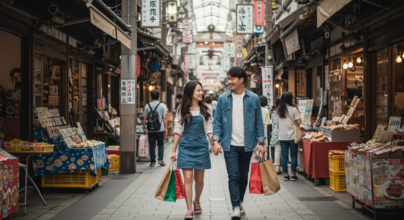 일본 시장에서 쇼핑백을 들고 쇼핑하는 귀여운 한국인 커플