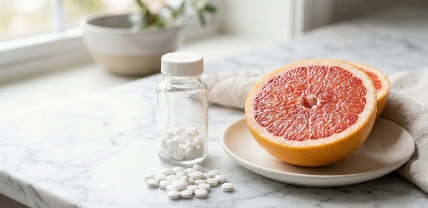 고지혈증 약(스타틴)과 자몽을 함께 두어 상호작용에 따른 부작용 위험을 경고하는 모습