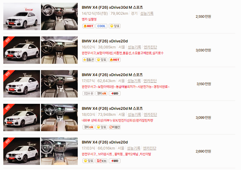 BMX X4 중고차 가격 시세표 고속 시내 연비